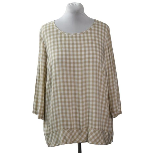 J Jill Top Blouse Womens XL Beige White Checked Rayon - Picture 2 of 9